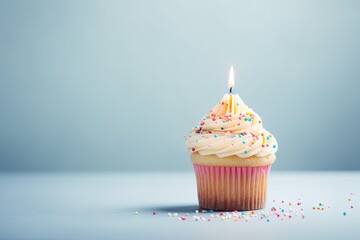 Gray background with copyspace birthday cupcake and a single candle sprinkled with pastel colors