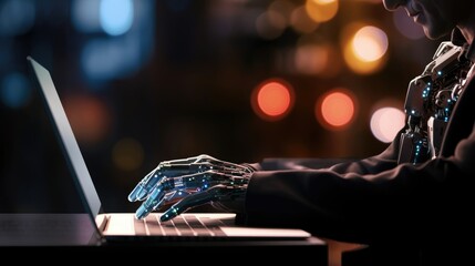 Cyborg robot hand want to type keyboard on a laptop. The concept of artificial intelligence replace the human work.