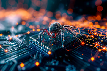 Close-up of spider on the computer circuit board. Spying technology or virys attack concept.