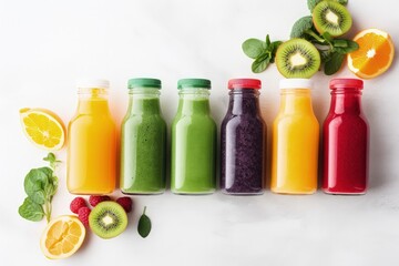 Healthy diet concept with assorted smoothies and juices in bottles ingredients on white background top view