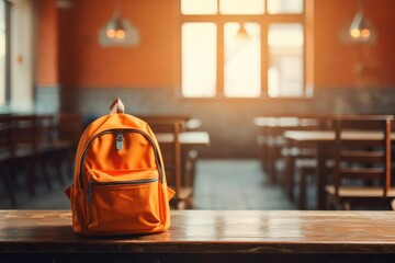Yellow school bag in the bokeh classroom background. Back to school concept background with copyspace, place for text.	