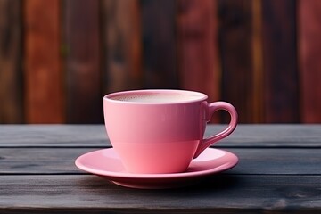 Obraz premium Hot black coffee in a pink ceramic cup wooden table cafe