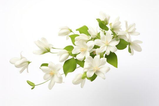 High resolution image of a stunning white jasmine flower in mid air suggesting levitation or zero gravity isolated on a white background