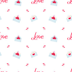 Pattern for Valentine's Day. Illustration with love objects. Cards for lovers, letters, love package, love letter. Inscription Love. Vector illustration