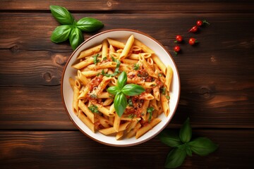 Italian penne pasta starter with creamy texture pepper seasoning fresh basil viewed from above on rustic wooden surface with space for text - Powered by Adobe