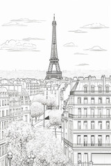 Paris scenery for coloring practice. Coloring page for children in classic style of cartoon.