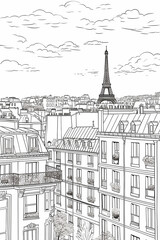 Paris scenery for coloring practice. Coloring page for children in classic style of cartoon.