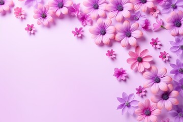 Minimal concept of spring using pink and violet flowers on a bright background with a creative layout in a flat lay style