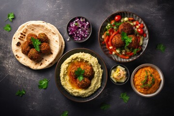 Middle eastern food with falafel hummus tabouleh pita and vegetables captured from above on a concrete surface