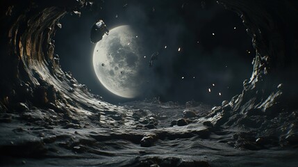 The view of earth from the deep crater of the moon. Solar system background concept. - obrazy, fototapety, plakaty