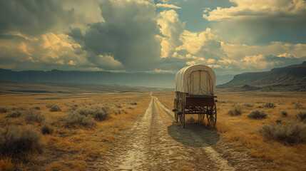 On the Oregon Trail, Endless horizon, Covered wagon, Vast landscapes, Pioneering spirit, Dusty trail markers, Film camera, Wide-angle lens, Vintage sepia tone
