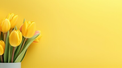 Yellow tulip flowers on yellow solid background. Fresh natural flower concept background.