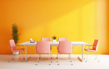 Simple office interior with large table and chairs, bright color combination. generative ai