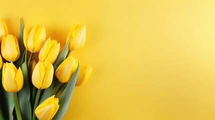 Yellow tulip flowers on yellow solid background. Fresh natural flower concept background.