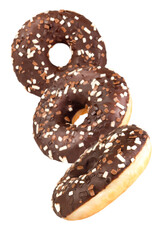Levitation of chocolate donuts with cookie crumbs isolated on transparent background.