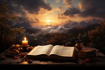 Open holy bible on table at sunrise symbolizing faith and spirituality, palm crosses concept