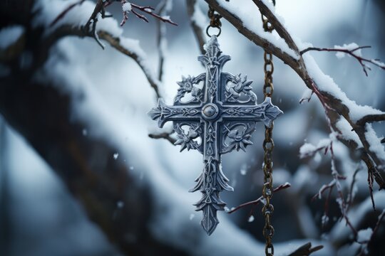 Silver cross hanging on snow covered branch serene and symbolic, palm sunday greetings image