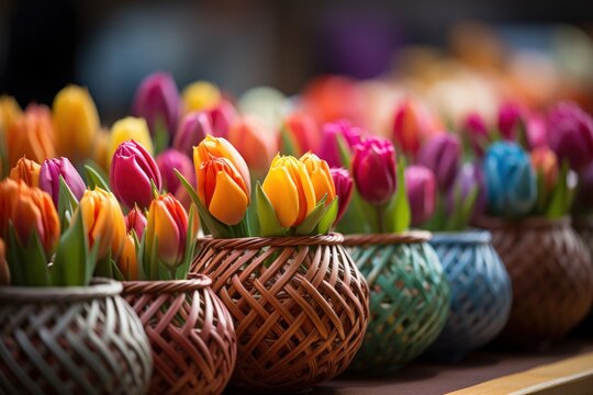 Colorful tulips in baskets hang on a flower display creating a vibrant and cheerful scene for floral enthusiasts, palm sunday crafts image