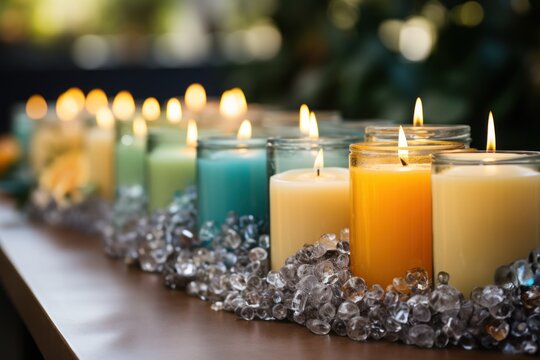 Bright colorful candles in row with sparkling background, palm sunday still life picture