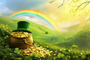 Leprechaun's Treasure. A pot of gold coins topped with a green leprechaun hat sits at the end of a rainbow in a lush, enchanted meadow. - obrazy, fototapety, plakaty
