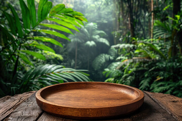 Obraz premium An empty wooden plate rests on a rustic table with a dense tropical rainforest as its serene backdrop