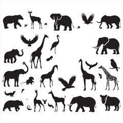 Shadows in Harmony: Set of Wild Animals Silhouette Illustrations Capturing the Essence of the Wild - Wildlife Silhouette - Animals Vector

