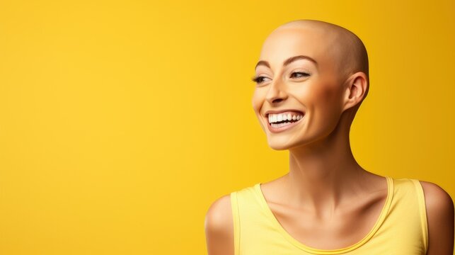 Happy smile beautiful girl with shaved bald head isolated on yellow background. World cancer day campaign background concept