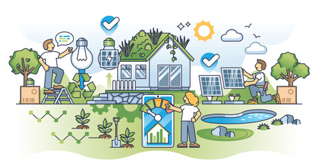 Energy efficiency and low power consumption to save resource outline concept. Home electricity cost reduction by solar panel installation and using renewable and clean energy vector illustration. - obrazy, fototapety, plakaty