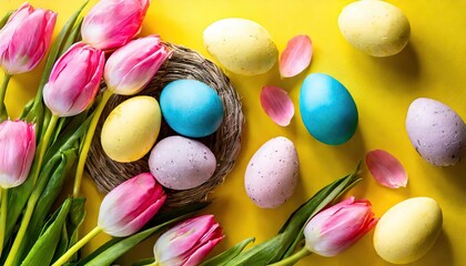 Fototapeta na wymiar Stylish background with colorful easter eggs isolated on yellow background with pink tulip flowers. Flat lay