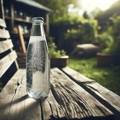 Glass Bottle of Sparkling Water on Rustic Bench..
