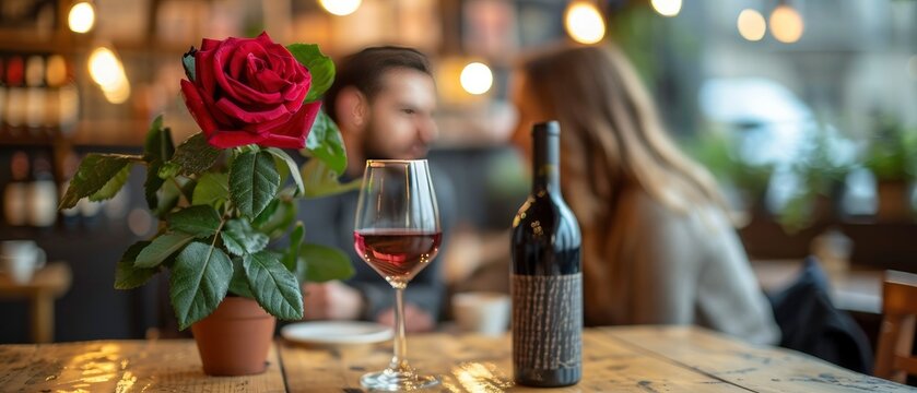 Love in Bloom. A Couples Romantic Interlude in a Quaint Cafe, Accentuated by a Red Rose, Creating a Perfect Moment for Valentines Day.