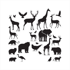 Symphony of Shadows: Wild Animals Silhouette Set Celebrating the Harmony of Nature - Wildlife Silhouette - Animals Vector
