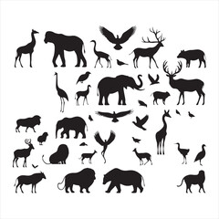 Nature's Melody: A Rich Ensemble of Wild Animals Silhouette Depicting the Beauty of the Wild - Wildlife Silhouette - Animals Vector
