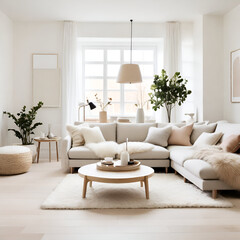 A living room features a neutral color palette, clean lines, and a focus on natural materials.