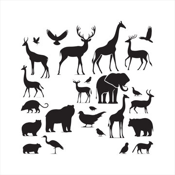 Symphony of Shadows: Wild Animals Silhouette Set Celebrating the Harmony of Nature - Wildlife Silhouette - Animals Vector

