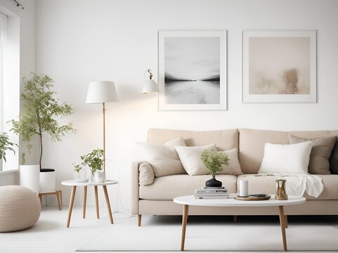 Stylish scandinavian living room with design furniture, plants, bamboo bookstand and wooden desk. Brown wooden parquet. Abstract painting on the white wall. Nice apartment. Modern decor of bright room