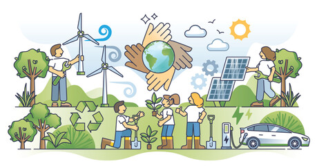 Climate policy and protection with eco practices outline concept. Sustainable and environmental awareness with alternative energy, forestation and renewable resources consumption vector illustration.