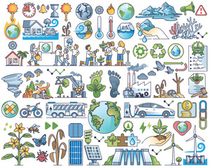 Climate change solutions and global warming destruction outline collection set. Elements with alternative energy and green practices vector illustration. Sustainable and environmental disaster items.