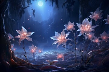 Ethereal moonflower blooms, releasing fragrant scents and glowing softly in the darkness - Generative AI - obrazy, fototapety, plakaty