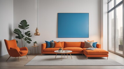  Interior with orange sofa in modern living room with blue mockup wall, home design