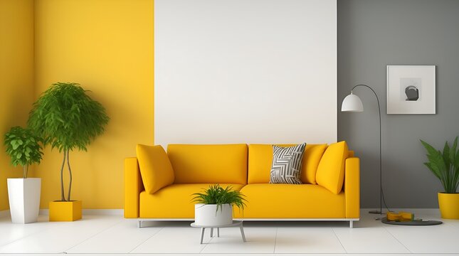 Stylish scandinavian living room with design furniture, plants, bamboo bookstand and wooden desk. Brown wooden parquet. Abstract painting on the white wall. Nice apartment. Modern decor of bright room