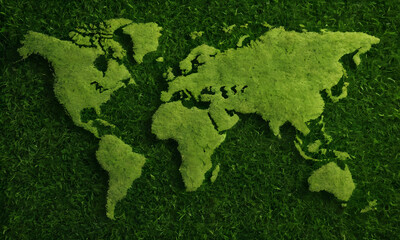 World map made from green grass and leaves. Ecology and green environment concept isolated