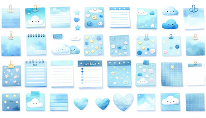watercolor blue memo list items with cute faces and floral designs, perfect for organization and scrapbooking themes. - obrazy, fototapety, plakaty