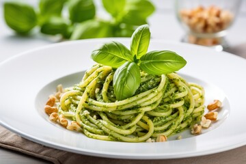 Pesto pasta with basil and nuts on plate
