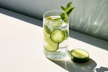 Refreshing summer cocktail with detox ingredients displayed on a white table casting a strong shadow