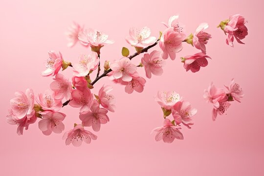 Pink quince flowers in the air isolated on a pink background Zero gravity spring flower concept High resolution image