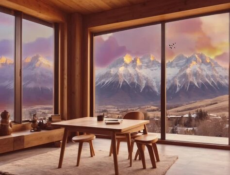 The view in the room faces the outside window with several cupboards and books and a table facing the window and outside the window there is a beautiful mountain