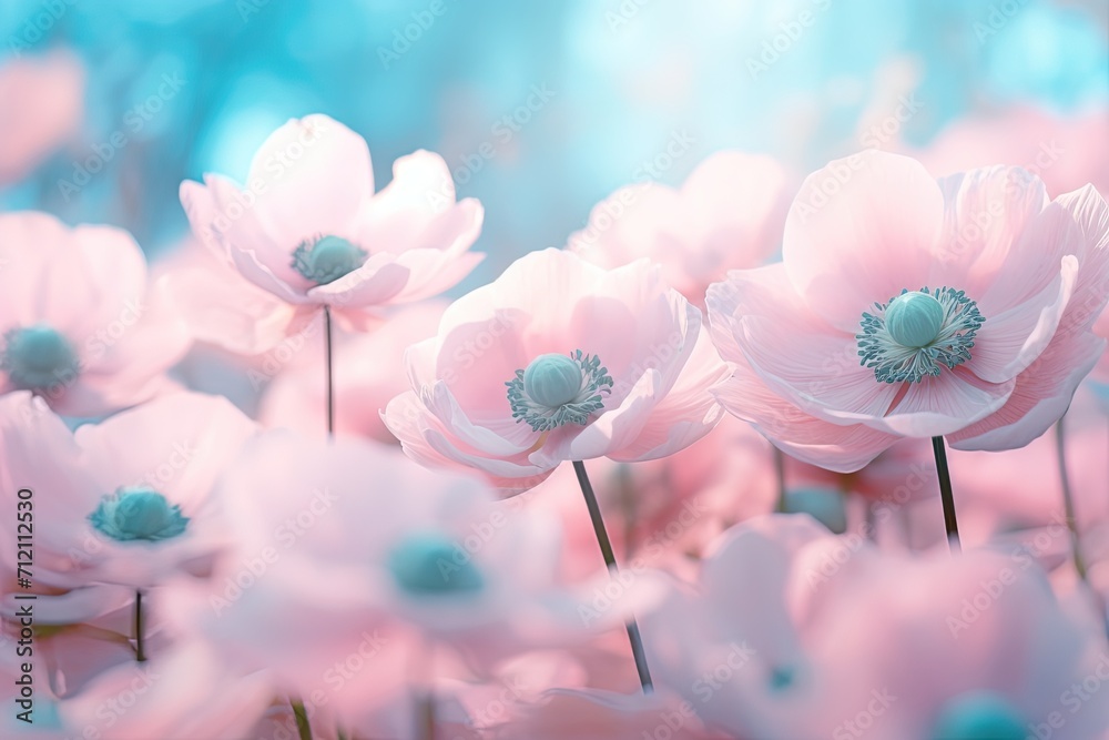 Poster Soft selective focus on delicate anemone flowers gently pink outdoors in summer spring close up Dreamy beautiful image of nature s beauty with turquoise