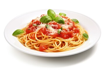 Spaghetti with tomato sauce parmesan and mozzarella cheese garnished with basil on a white background