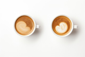 Top down view of two coffee cups positioned on white background